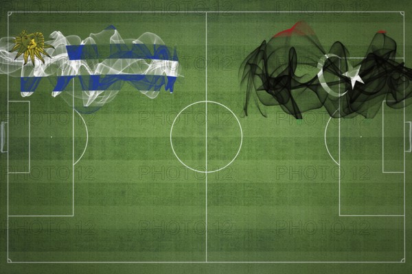 Uruguay vs Libya Soccer Match, national colors, national flags, soccer field, football game,