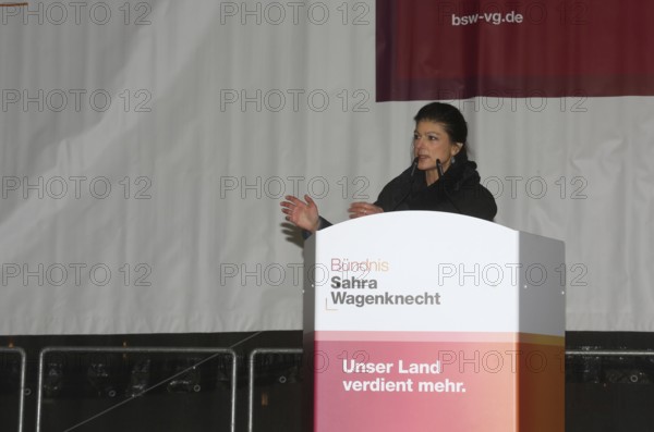 Politician Sahra Wagenknecht speaking at a rally during the 2025 election campaign. Munich,