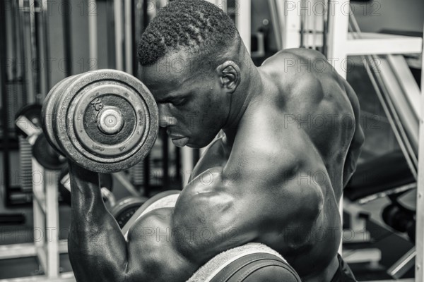 Hunky muscular black bodybuilder working out in gym, exercising biceps with dumbbell. Black and