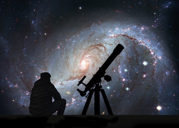 Man with telescope looking at the stars. Stellar Nursery NGC 1672. Spiral galaxy in the