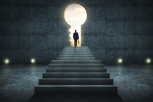 Sucess businessman climbing on stair against conrete wall with key hole door, sunrise scene city