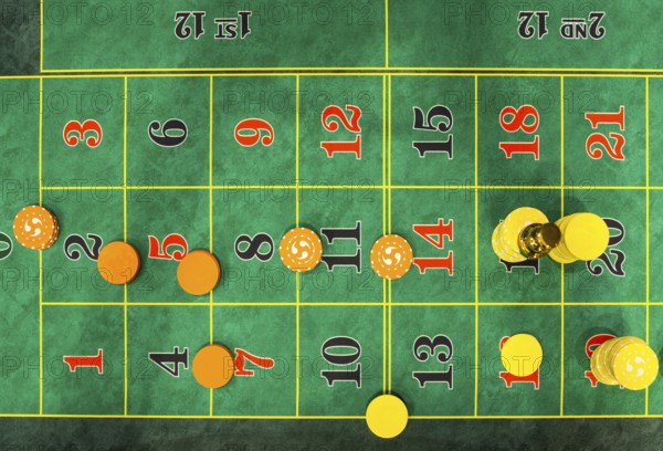 Roulette table chips in a casino. Closed up of casino roulette gambling table game. Yellow and