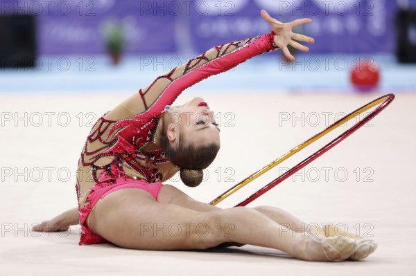 Sofia, Bulgaria - 1 April, 2018: Aleksandra Soldatova Russia performs with hoop during Rhythmic