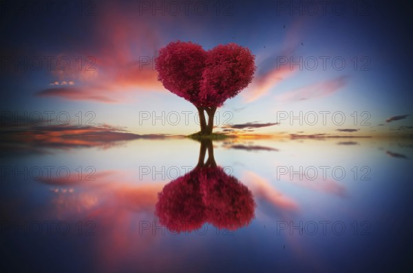 Abstraktes Bild von einsam rotem Farbblatt und Liebe Form Baum bei Sonnenaufgang Szene mit