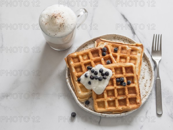 Delicious homemade baked belgian waffles with greek yogurt, blueberries and cappuccino on white