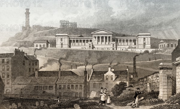 The Old Royal High School, Calton Hill, from the Canon-Gate Church Yard, Edinburgh, Scotland, 19th