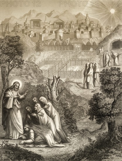 Christ appears to the holy women, Resurrection of Jesus, New Testament, steel engraving 1853,
