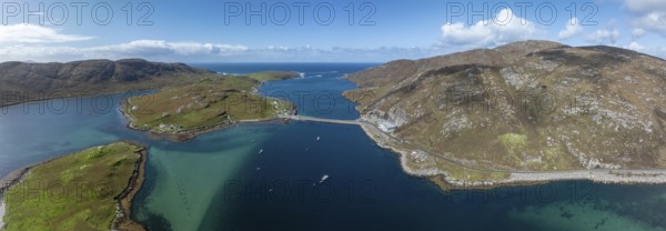 Causeway, causeway to Vatersay, drone shot, Caolas, Isle of Barra, Hebrides, Scotland, Great