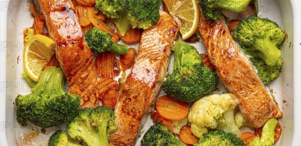 Top view close up of healthy baked fish salmon steaks, broccoli, cauliflower, carrot in casserole