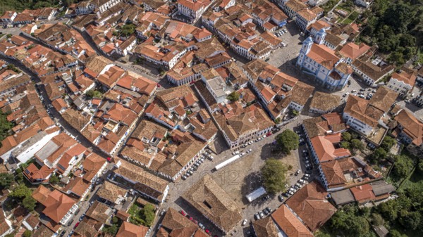Close-up aerial view in sunshine of the historic center of Diamantina, Minas Gerais, Brazil, South