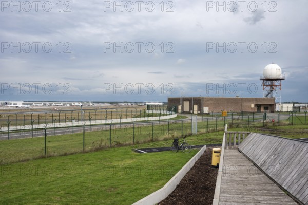 Zaventem, Flemish Brabant Region, Belgium, 09 18 2022, Wooden bench at the observation point for