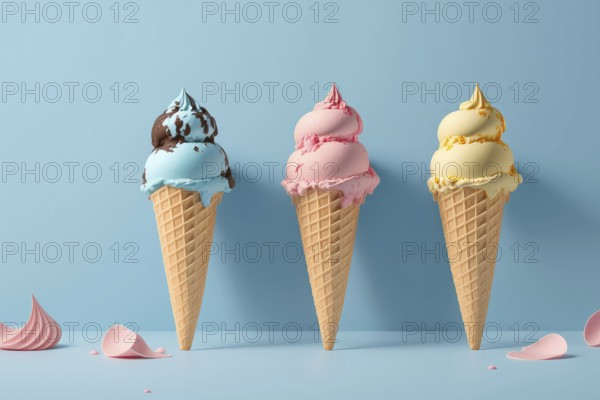 Illustration 3d render of melting summer ice cream in a cone on a pastel background, multicolored