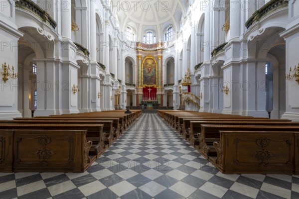 Interior view of St Trinitatis Cathedral, altar, nave, Dresden, Free State of Saxony, Germany,