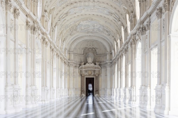 Reggia di Venaria Reale, Italy, October 2022: corridor perspective, luxury marble, gallery and