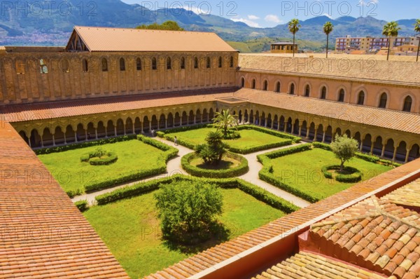 View of the cloister of the Santa Maria Nuova cathedral in the city of Monreale, north west of