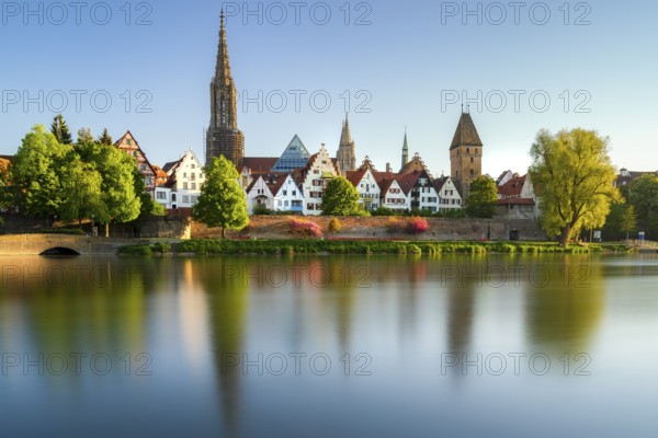 Panorama of City Ulm with Minster Danube and Metzgerturm in spring