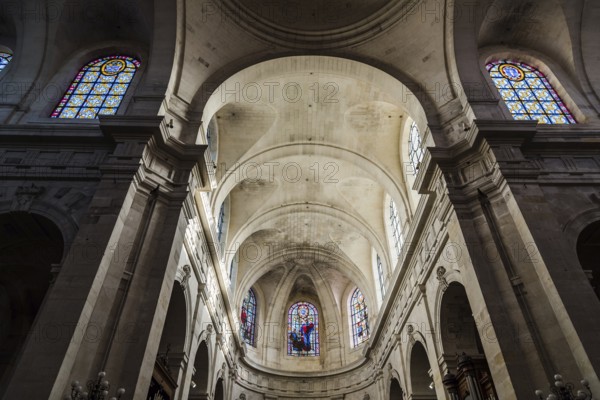 La Rochelle, France, August 6, 2018: La Rochelle Cathedral. Low angle interior view of the vaults,