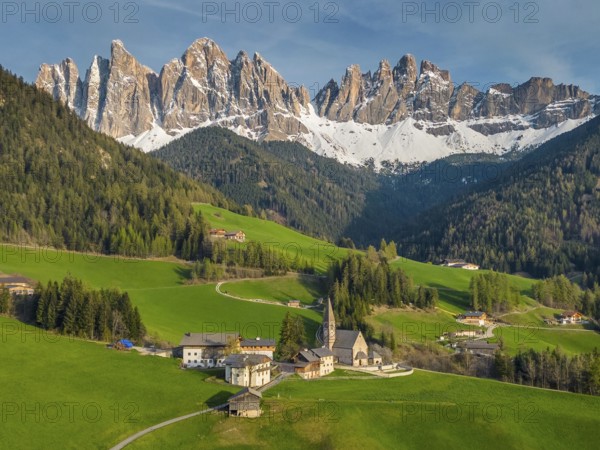 Spring landscape with Santa Magdalena village, Italian Dolomites Alps, in South Tyrol, Val di