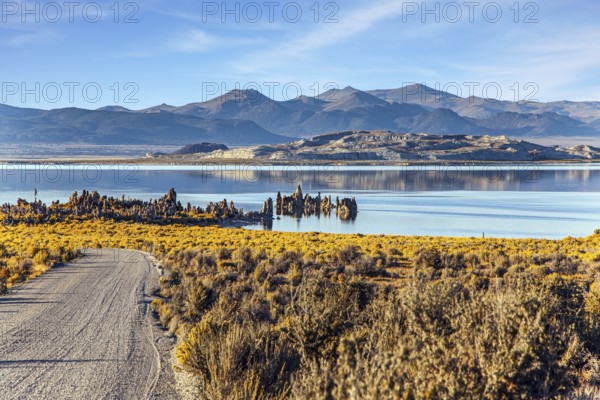 Mono Lake is a salt lake in California. Lime-tuff towers of bizarre shapes rise from the bottom of