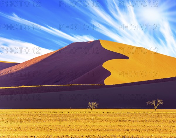 Hot sun of the Namib desert. Namibia, South Africa, sunset. The concept of extreme and exotic