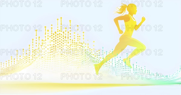 Illustration of a wave of data points shaping into a female runner silhouette, green and yellow