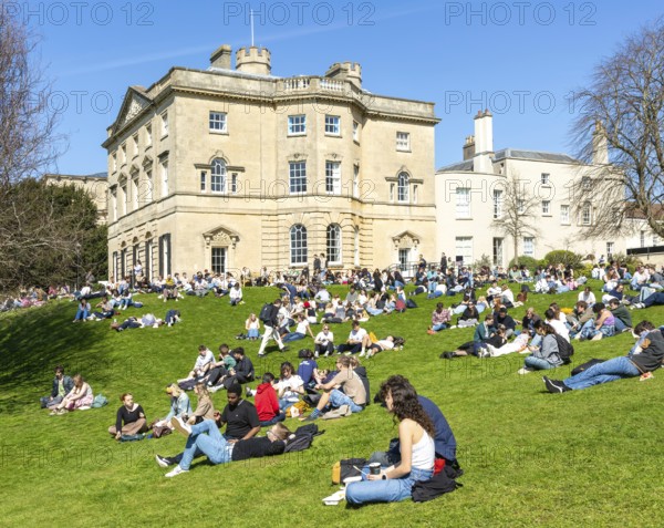 Students on lawn sunbathing, Royal Fort House architect James Bridges 1761, University of Bristol,