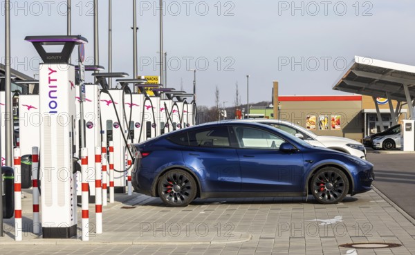 Ionity charging station with car on the A8 motorway near Merklingen, Alb-Donau-Kreis, Merklingen,