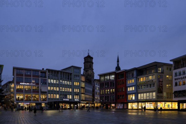Market square, collegiate church, shops, retail, evening, blue hour, Stuttgart, Baden-Württemberg,