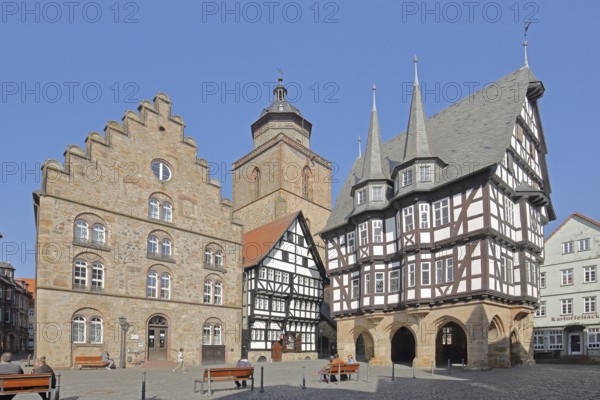 Gothic wine house built in 1539 of the Renaissance, church tower of the and half-timbered town hall