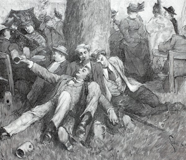 After the fifth measure of beer, drunken fairgoers sleep off their intoxication by a tree, empty