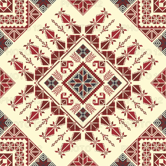 Decorative Palestinian seamless pattern in colors, traditional Tatreez embroidery, vector