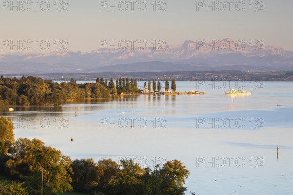 Unteruhldingen, Seefelder Achmündung, harbour, ship, alpine chain, clouds, water, summer, Lake