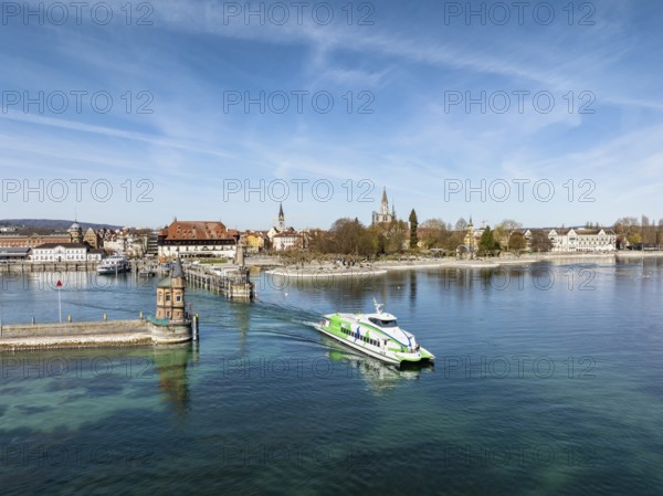 Aerial view of the harbour exit of Constance with the Lake Constance catamaran Fridolin from Lake
