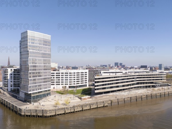 Aerial view of HafenCity HafenCity University Hamburg (HCU) under a clear and blue sky, HafenCity,