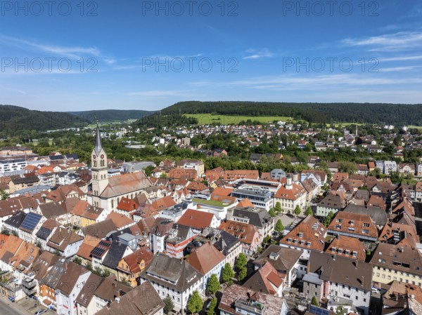 Aerial view of the city centre of Tuttlingen with the Protestant church of St. Peter and Paul,