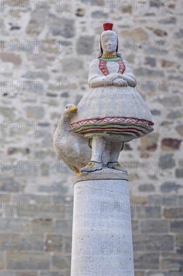 Schwälmer fountain with Little Red Riding Hood and goose figure, Gänseliesel, fairy tale figure,
