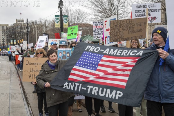 Detroit, Michigan USA - 5 April 2025 - A 'Hands Off' demonstration protests the Trump