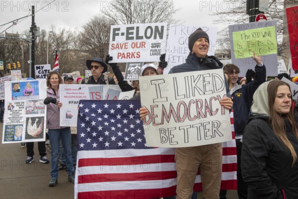 Detroit, Michigan USA - 5 April 2025 - A 'Hands Off' demonstration protests the Trump