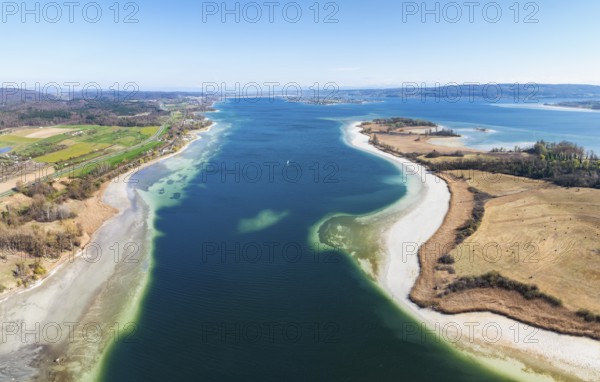 Aerial view, panorama of the Markelfinger Winkel in western Lake Constance, on the right the