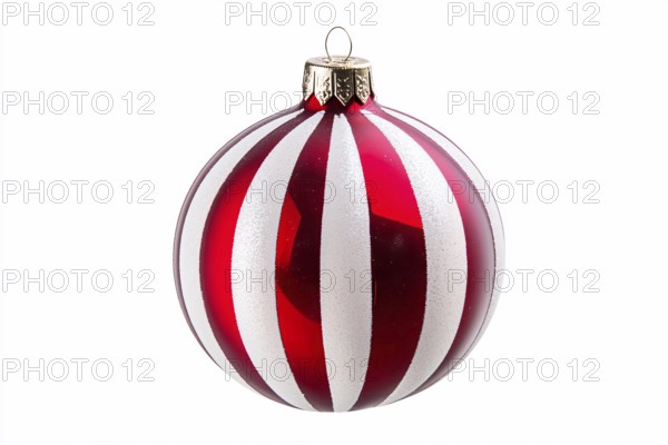 Single red and white striped Christmas bauble ornament on white background. Generative Ai, AI