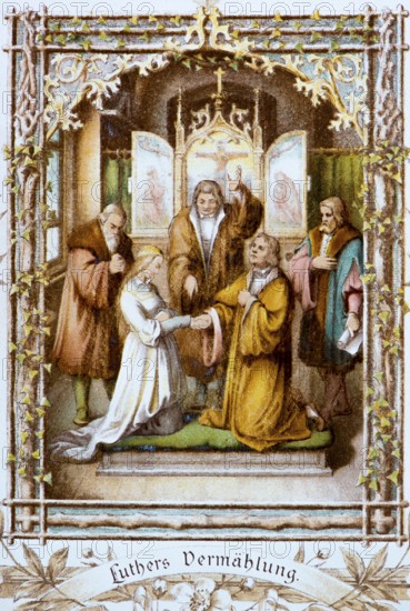 Luther marries Katharina von Bora in 1499, wedding scene in front of the altar in the church, altar