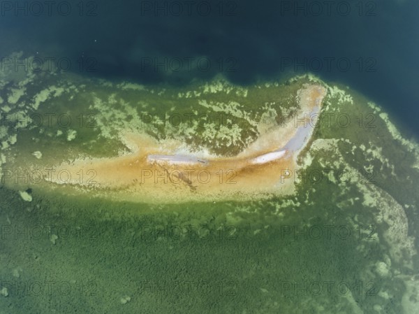 Aerial view, top down view of a shoal due to low water, drought, danger to shipping traffic, on the