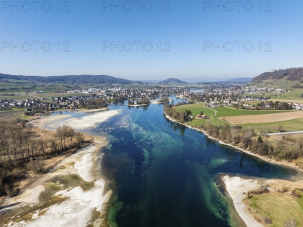 Aerial view of Lake Constance at low tide, Untersee, also known as Lake Rhine, which flows into the