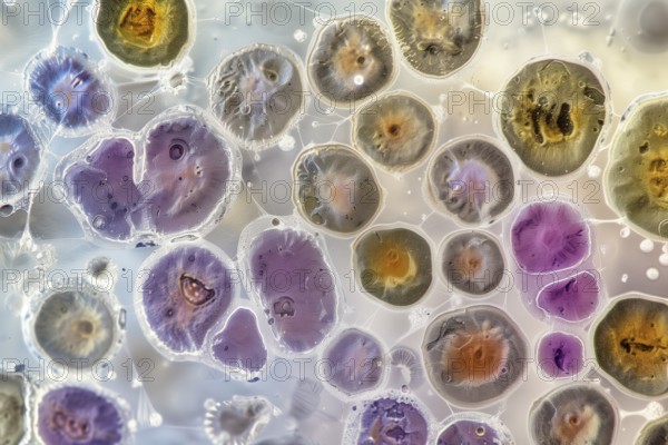 Close-up of microscopic cells of bacteria in different colours, AI generated, AI generated
