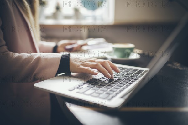 Close-up top view of Caucasian woman's hands Casually dressed student, blogger, writer man working