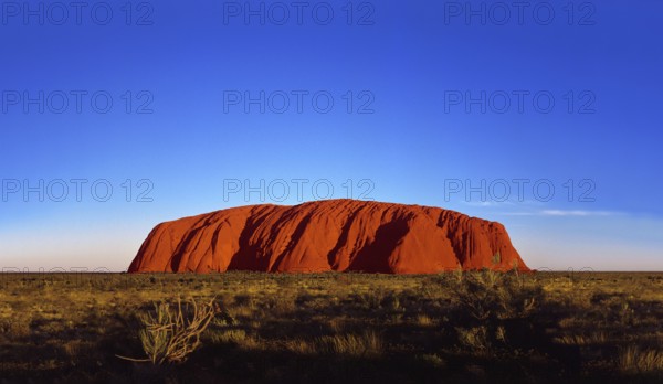 Ayers Rock Uluru at sunset, illuminated in red light, Northern Territory, Australia, Oceania