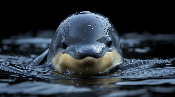 Vaquita porpoise or cochito (Phocoena sinus) with a calm expression emerging from dark rippling