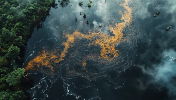 Aerial shot of boiling river in Amazon with vivid flames and smoke indicating severe environmental