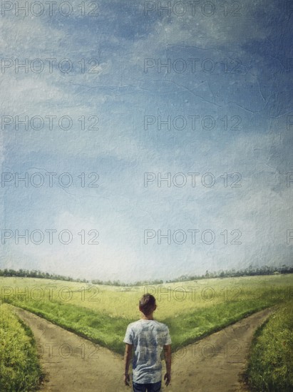 Conceptual painting with a doubtful person at a crossroad choosing the correct path between left