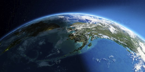 Highly detailed Earth with atmosphere, exaggerated relief and light-flooded cities. Transition from